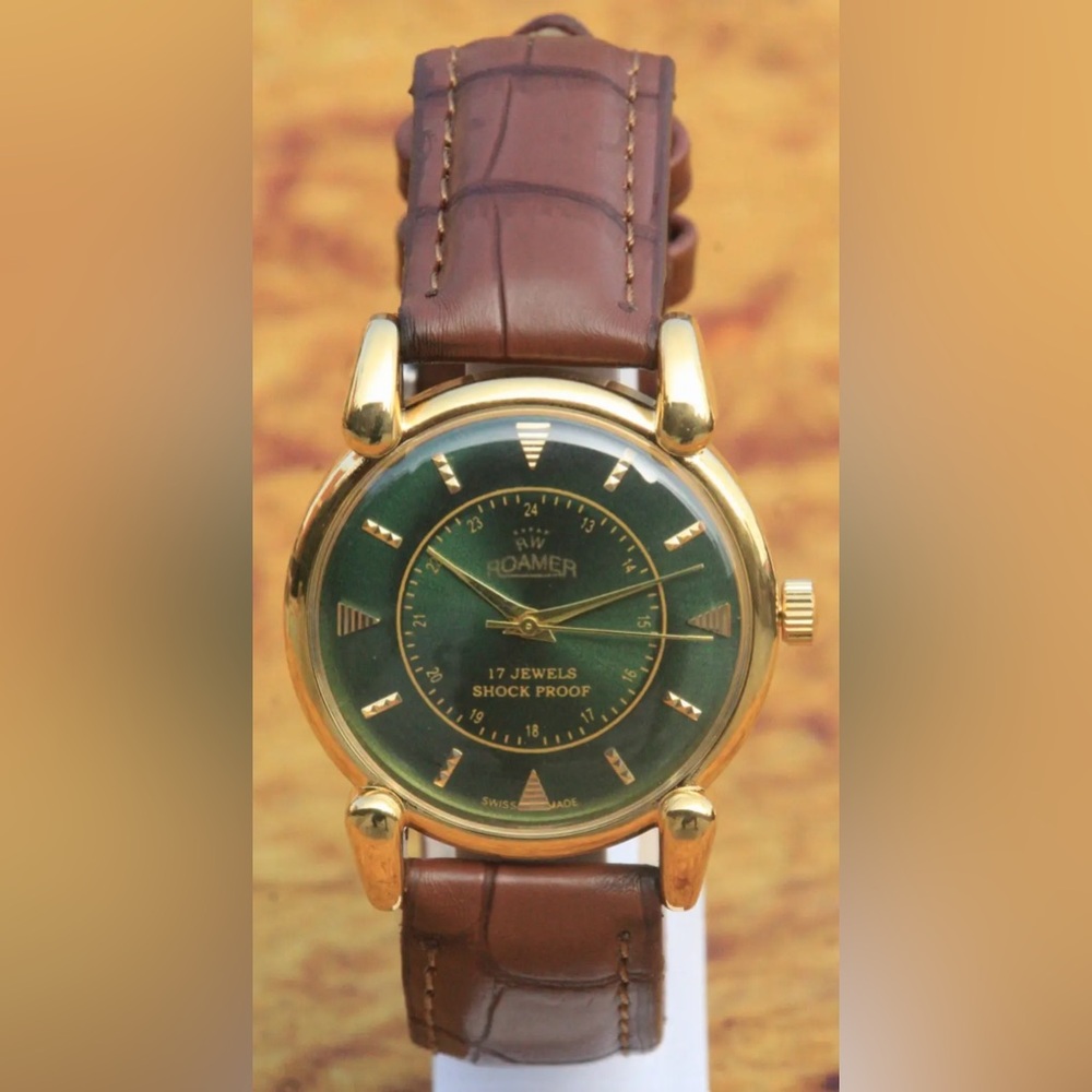 RARE Roamer Gold and Green Watch with Brown Leather Strap